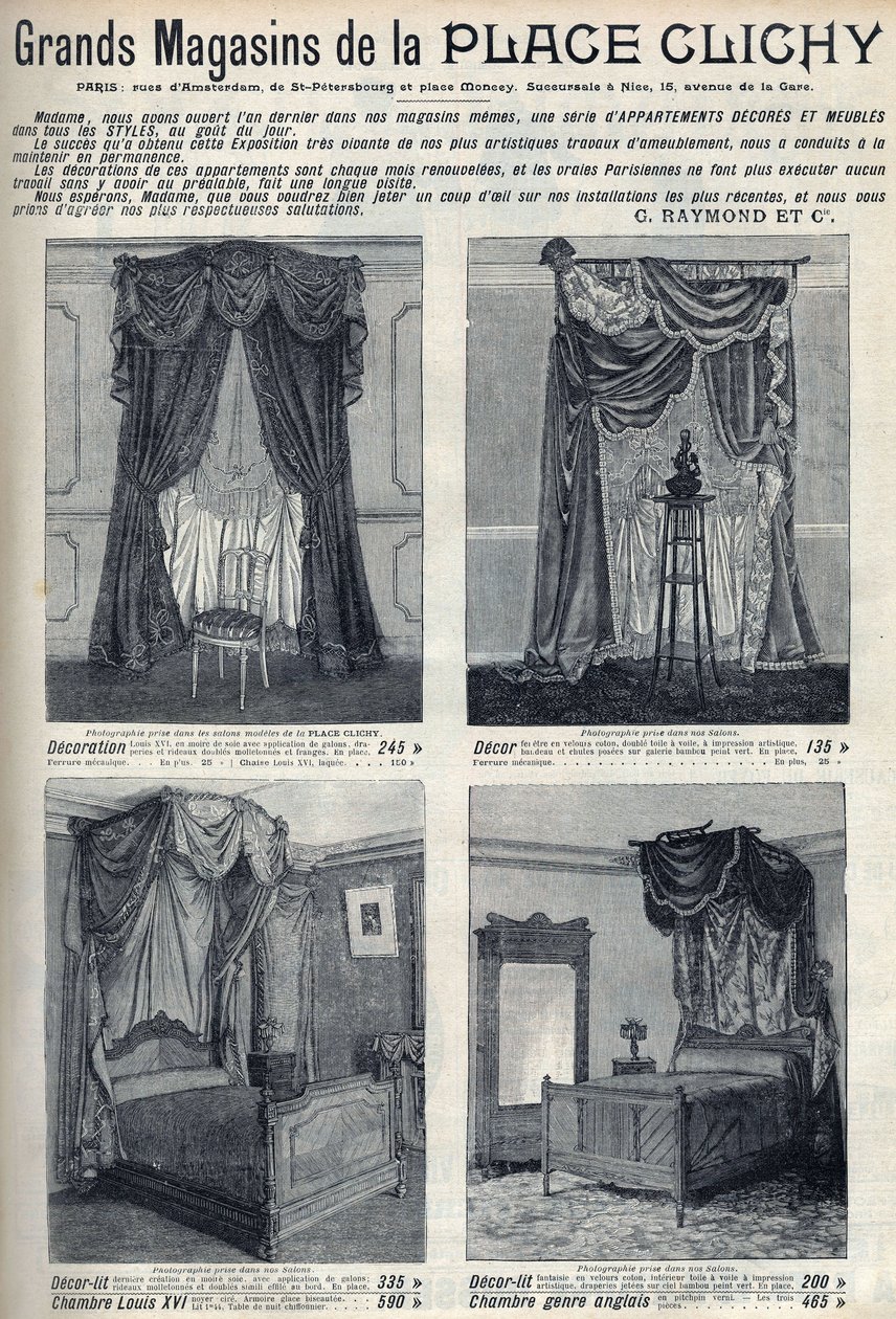 Publicidad para muebles y decoraciones de los grandes almacenes de la Place de Clichy en París. Grabado en 