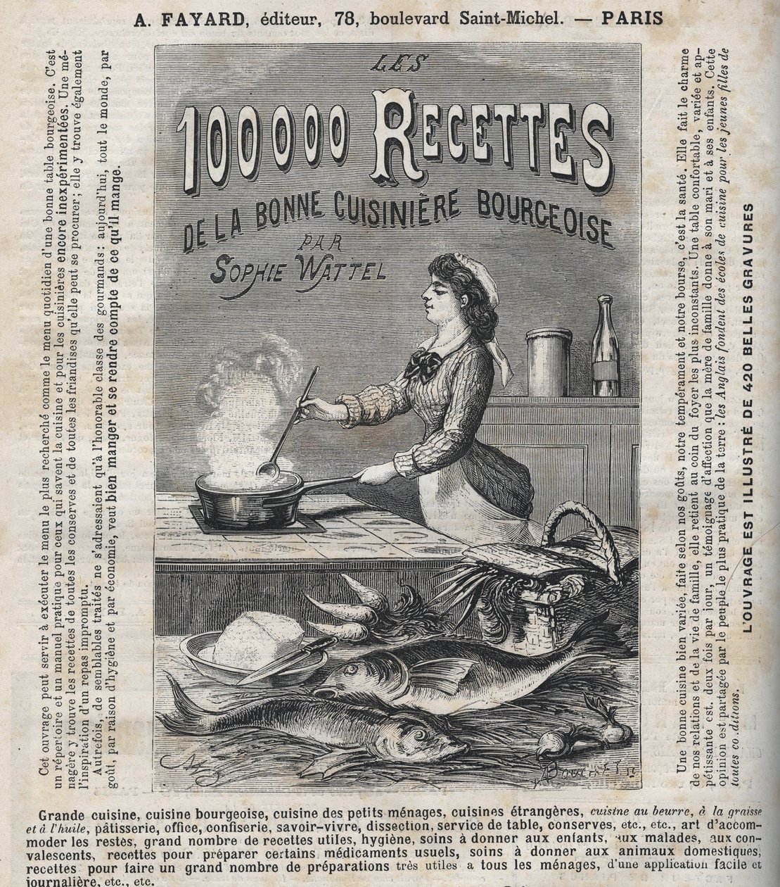 Publicidad para el libro "Las cien mil recetas de la buena cocinera burguesa" de Sophie Wattel (Gran cocina, cocina burguesa, cocina de pequeños hogares, cocina de cocinas extranjeras, pastelería, oficina, confitería, saber vivir, disección de Unknown artist