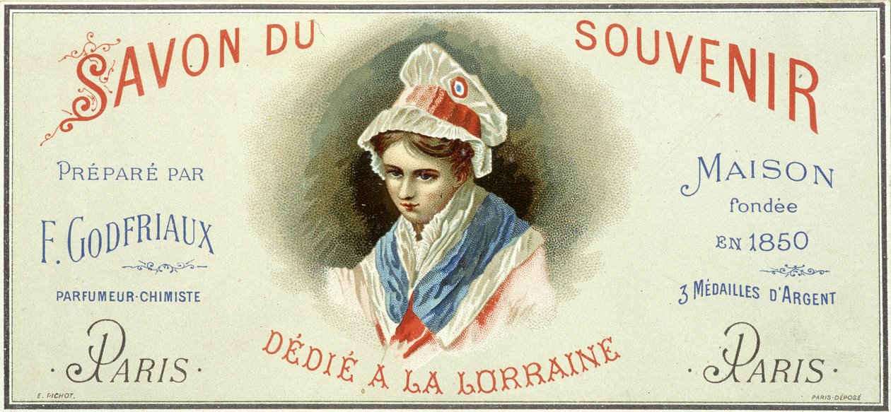 Etiqueta publicitaria del “Jabón del recuerdo, preparado por F. Godfriaux - Casa fundada en 1850”. Cromolitografía siglo XIX. de Unknown artist