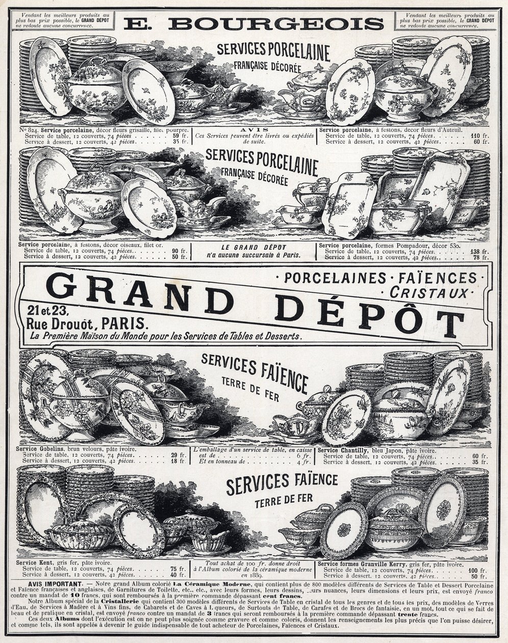 Publicidad de 1889 para "La Ceramic Moderne By Le Grand Depot De Porcelaines, Faiences Et Verreries Bourgeois en París" de Unknown artist