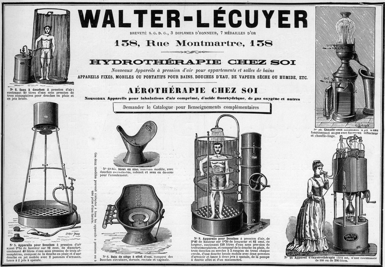Publicidad de 1889 para accesorios móviles para baños, duchas de agua, vapor seco o húmedo, bidet, marca Walter-Lecuyer de Unknown artist