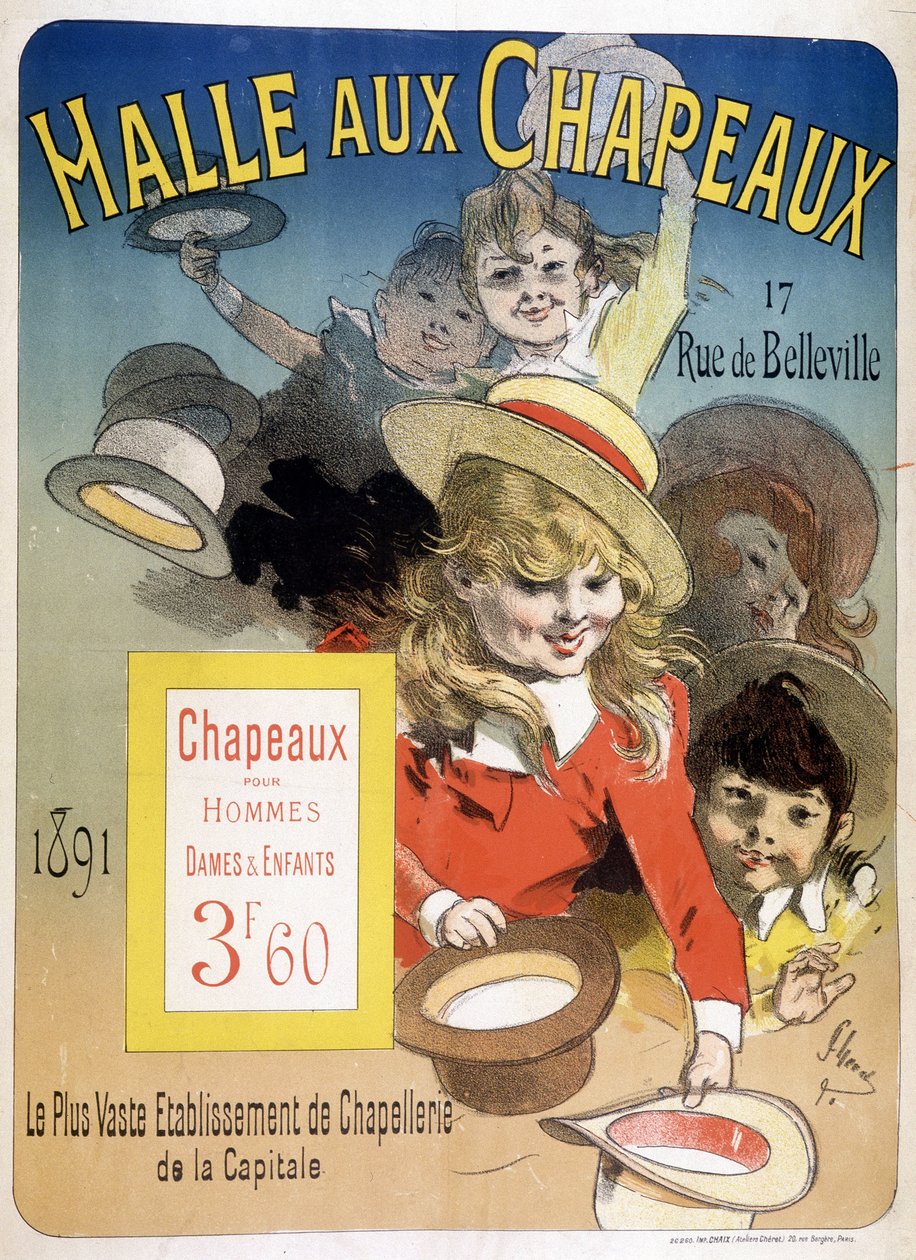 Cartel publicitario para la “Halle aux hats”, rue de Belleville en París de Unknown artist