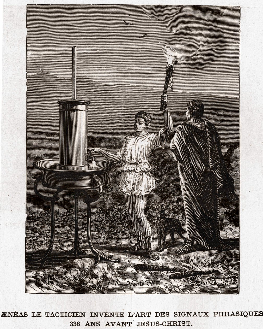 Eneas el Táctico inventa el arte de las señales frásicas, 366 a.C. Grabado del siglo XIX, colección Bianchetti de Unknown artist