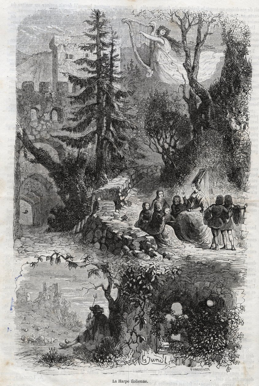 Arpa eólica - arpa de viento - Arpa eolia - Arpa de viento - instrumento musical tocado por el viento - grabado de 1860 de Unknown artist