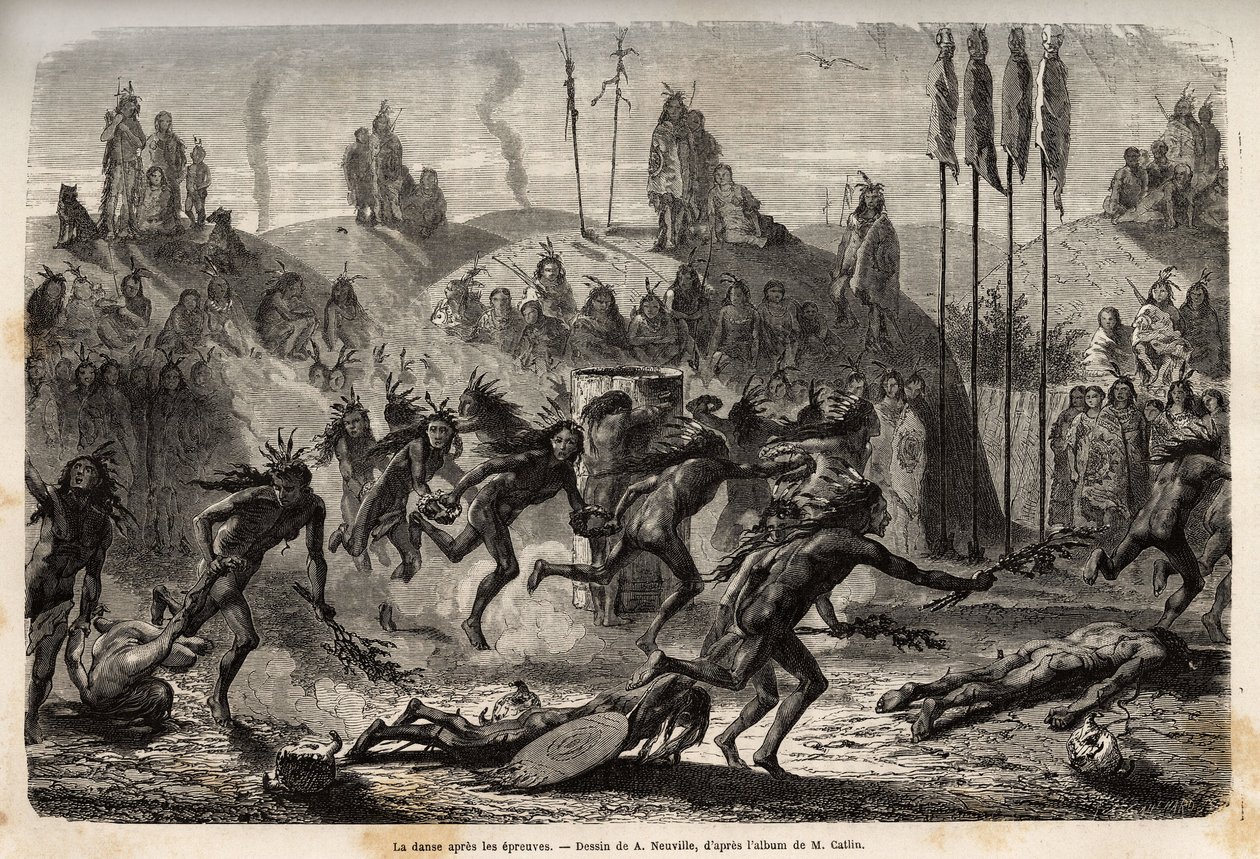 Después de la ceremonia de entrega al Gran Espíritu, los jóvenes guerreros abrazan una danza frenética y desbordante, los más débiles son arrastrados por el suelo, entre los indios Mandan (o noumah ka kie: faisanes), en la orilla izquierda del Missouri. Gr de Unknown artist