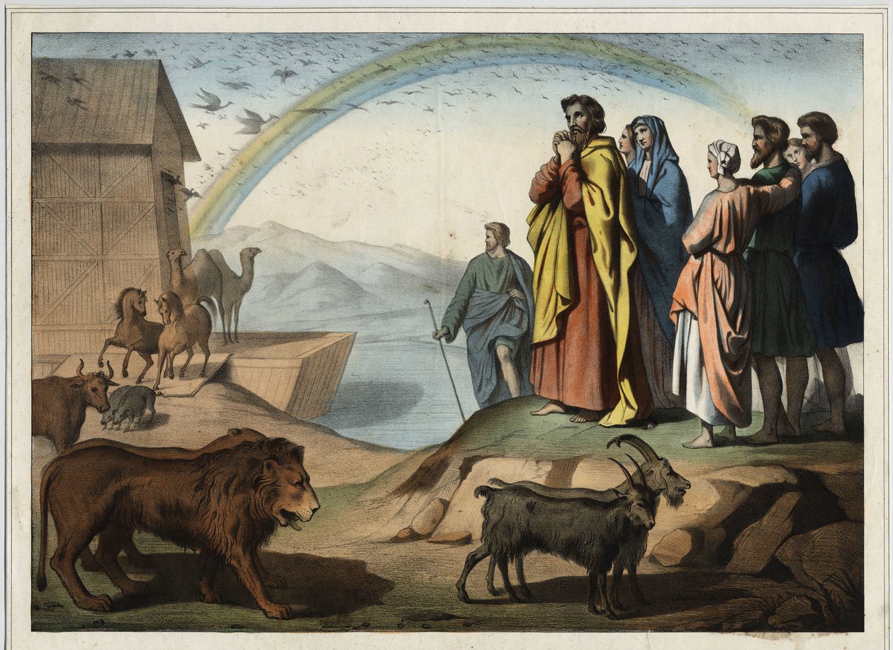 Después del diluvio, los animales descienden del arca. A la derecha: Noé, su esposa, sus tres hijos (Sem, Cam y Jafet) y sus esposas. Al fondo, el arco iris (símbolo del pacto de la creación entre Noé y Dios). Grabado anónimo de mediados del siglo XIX. de Unknown artist