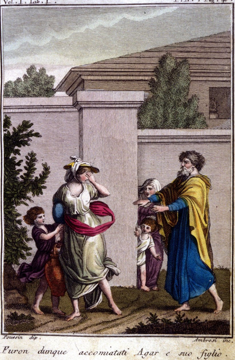 Agar e Ismael fueron expulsados por Abraham: Agar, que fue despedida, se fue con su hijo, Ismael, después del nacimiento de Isaac. Grabado de principios del siglo XIX. de Unknown artist