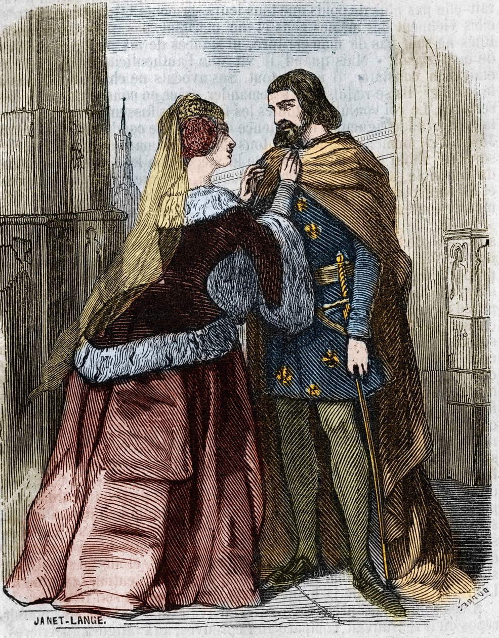Agnès Sorel (1422-1450) (Dama de Beauté-sur-Marne) y el Rey de Francia Carlos VII en la Abadía de Jumièges. Grabado del siglo XIX. de Unknown artist