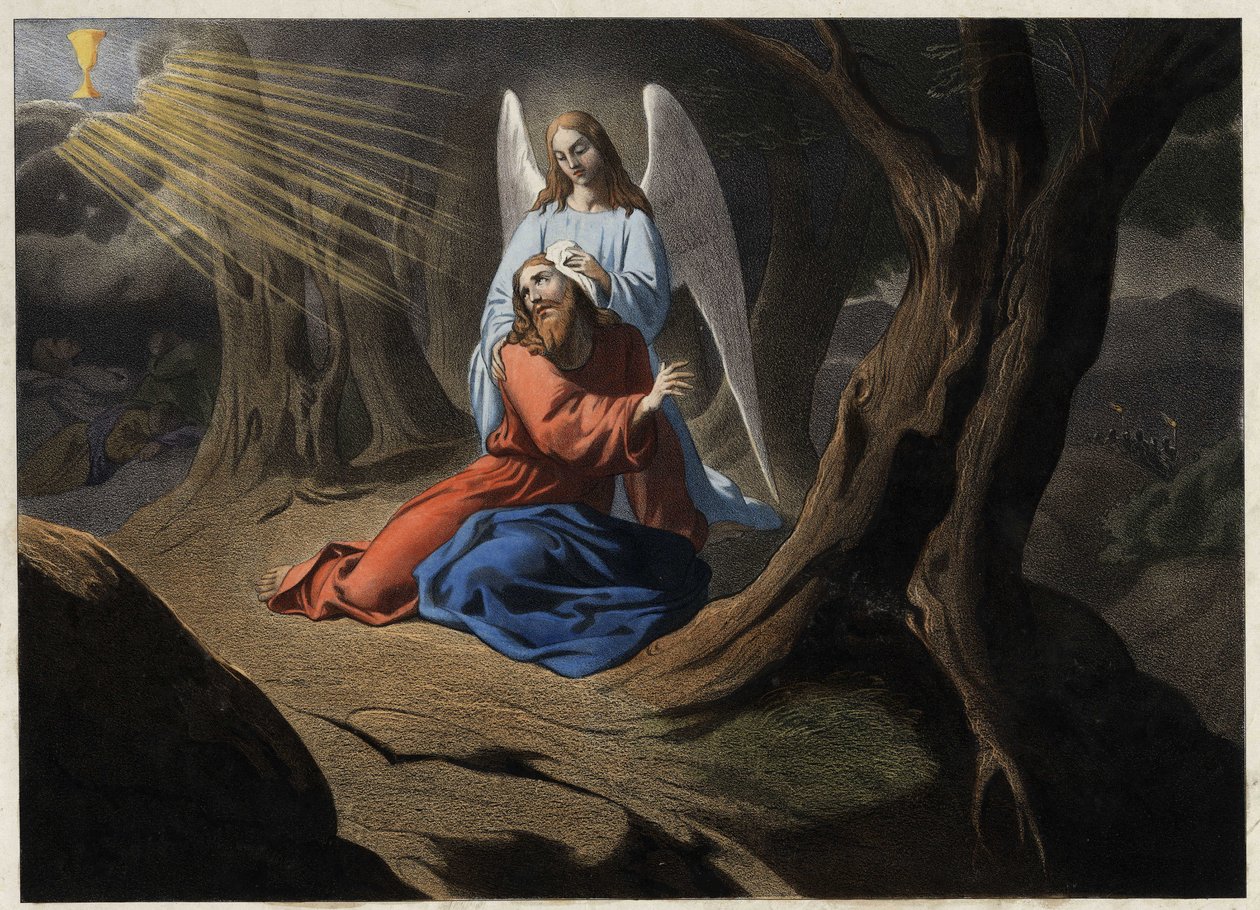 Agonía en el jardín - La oración de Cristo en el Jardín de los Olivos. Grabado anónimo de mediados del siglo XIX de Unknown artist