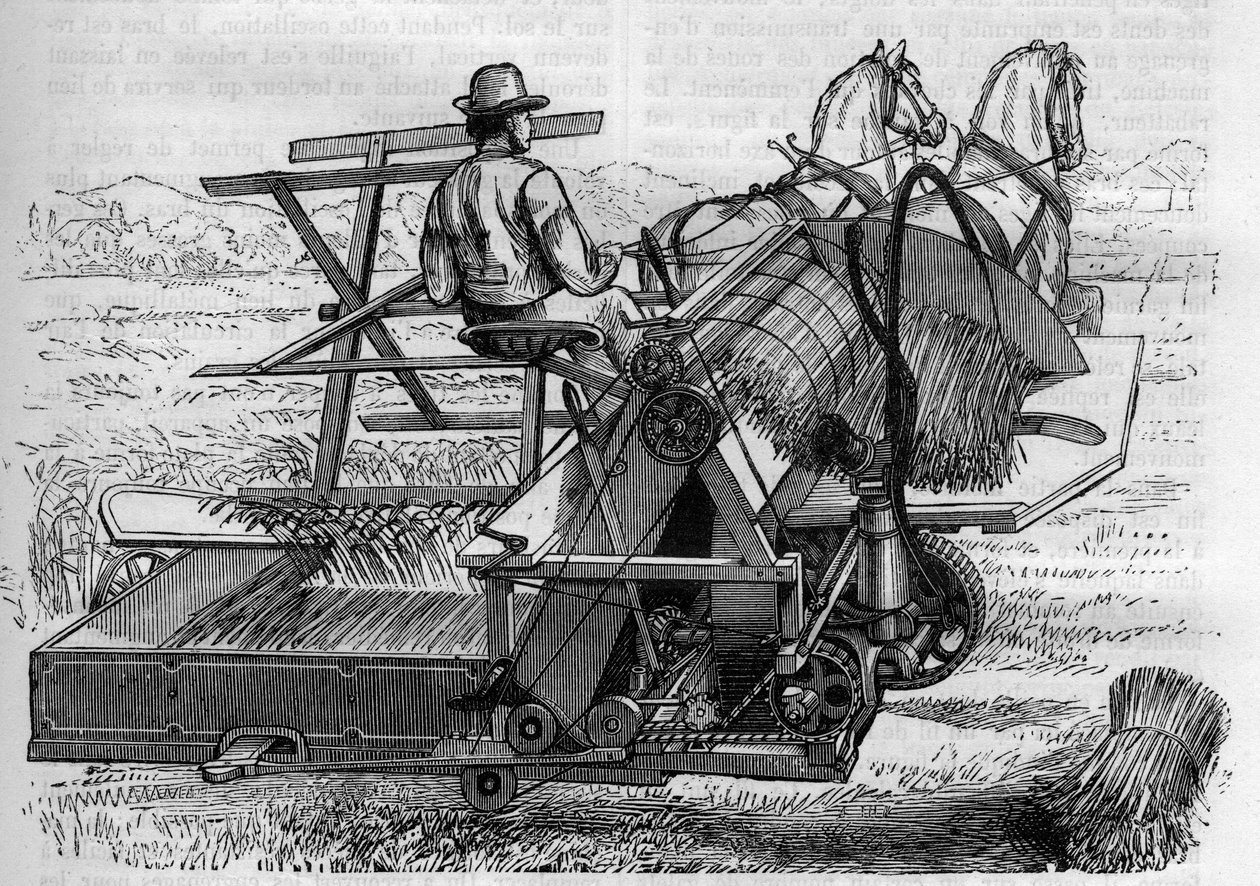 Agricultura y maquinaria agrícola: una nueva cosechadora tirada por caballos que ata automáticamente las gavillas de trigo en los campos. Grabado en 