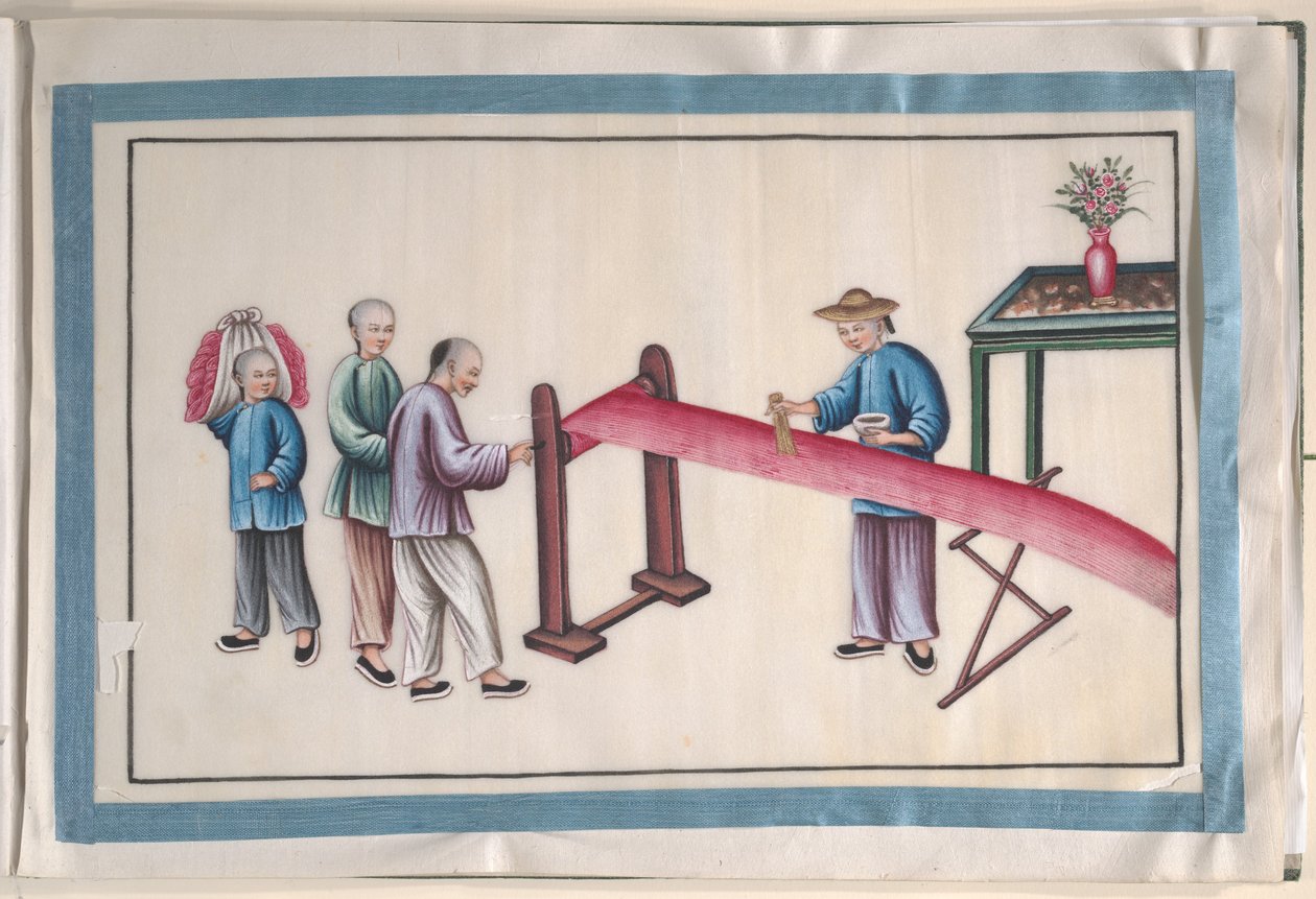 Álbum con doce pinturas de personas que trabajan la seda de Unknown Artist