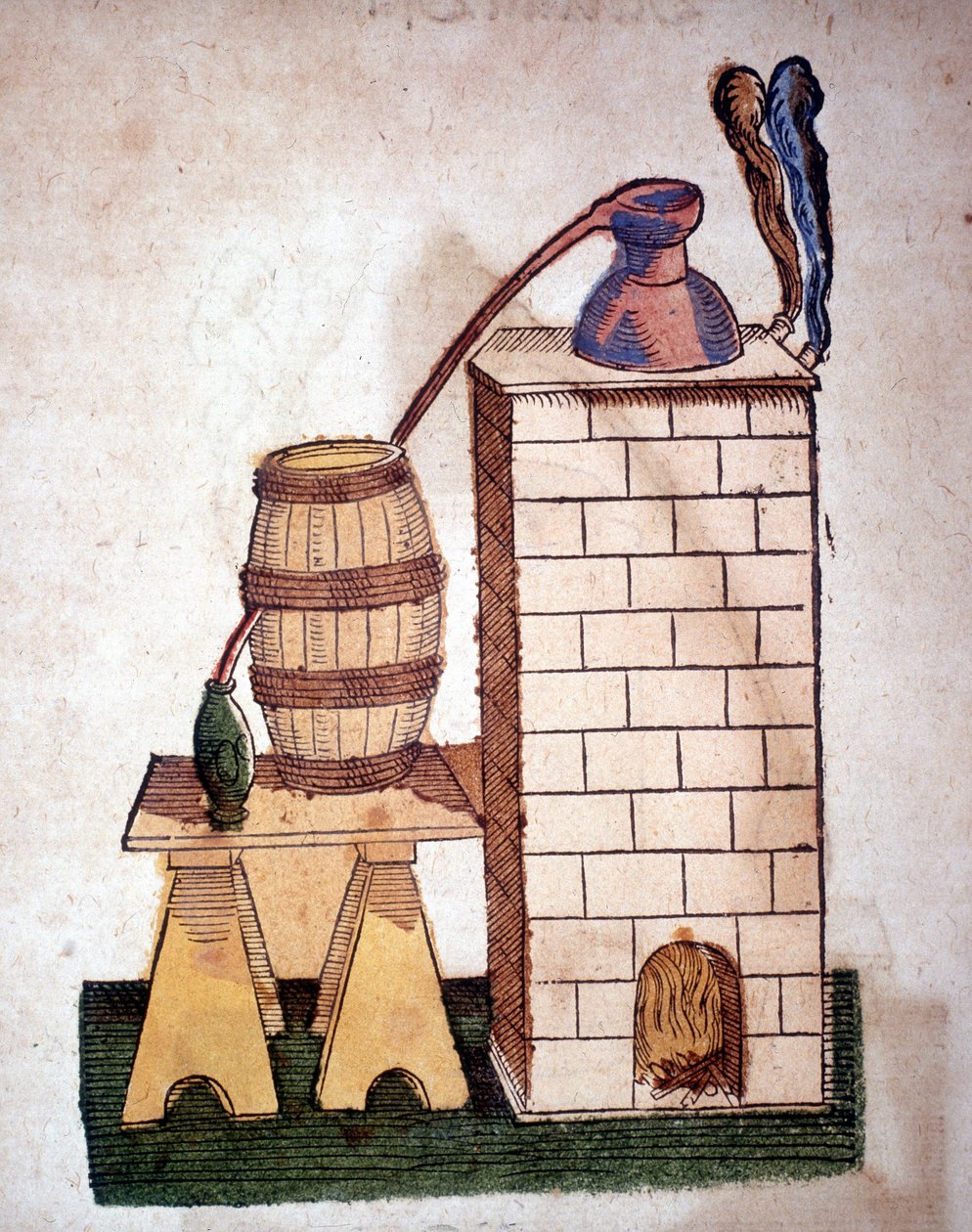 Alquimia: aparato para destilación. Grabado de un libro de Pietro Andrea Mattioli (1500-1577). Frankfurt de Unknown artist