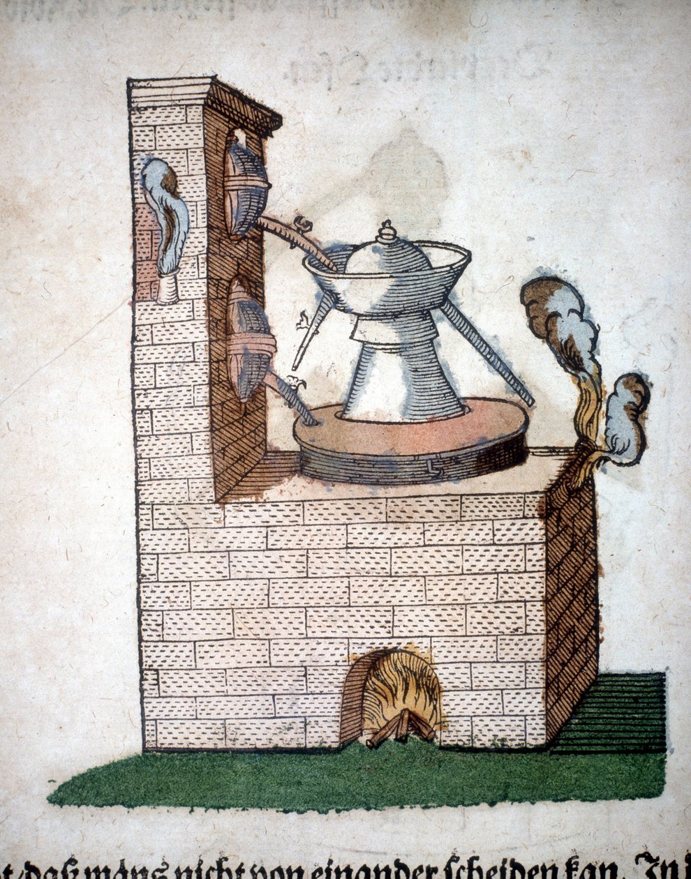 Alquimia: aparato para destilación, tomado de un libro de Pietro Andrea Mattioli (Matthiole) (1500-1577). Frankfurt de Unknown artist