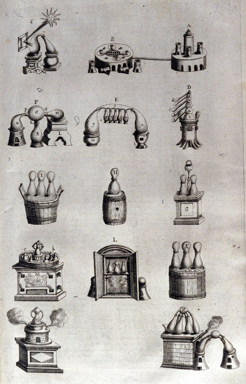 Alquimia: tablero que representa diferentes modelos de aparatos de destilación y alambiques. Athanase Kircher (o Athanasius Kircheri 1602-1680), jesuita alemán. Grabado del siglo XVII. de Unknown artist