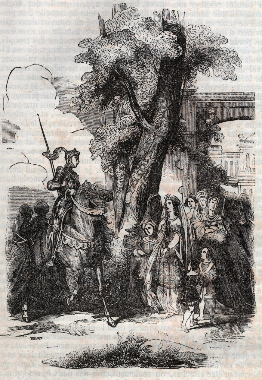 Alcina y su corte vienen a saludar a Ruggiero - grabado de 1851 del poema Orlando furioso (1516) de Ludovico Ariosto, - Edición traducida del italiano por el Conde de Tressan y publicada por Gustave Harvard 1851 de Unknown artist