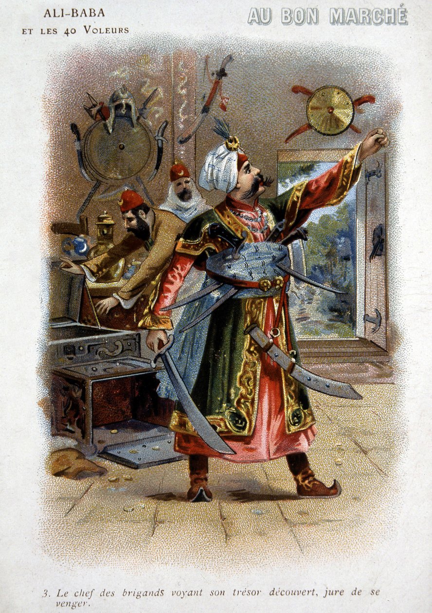 Ali - Baba (Ali Baba) y los 40 Ladrones (cuentos de las mil y una noches): El jefe de los ladrones viendo su tesoro descubierto, jura venganza - Cartón de la "Buena Marcha", finales del siglo XIX de Unknown artist