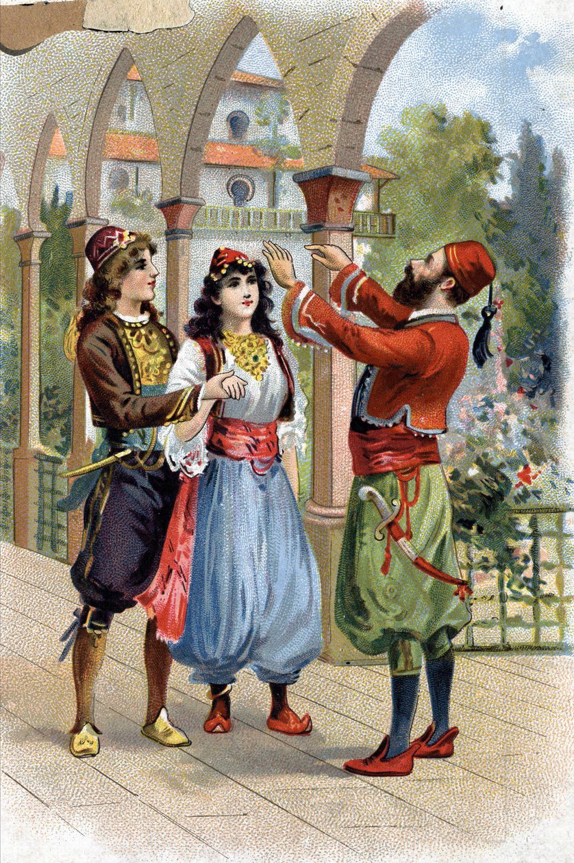 Ali Baba. (Ali-Baba) (Cuentos de las Mil y Una Noches): para recompensar a Morgiane, Ali Baba la da en matrimonio a su hijo. Cromolitografía del siglo XIX de Unknown artist