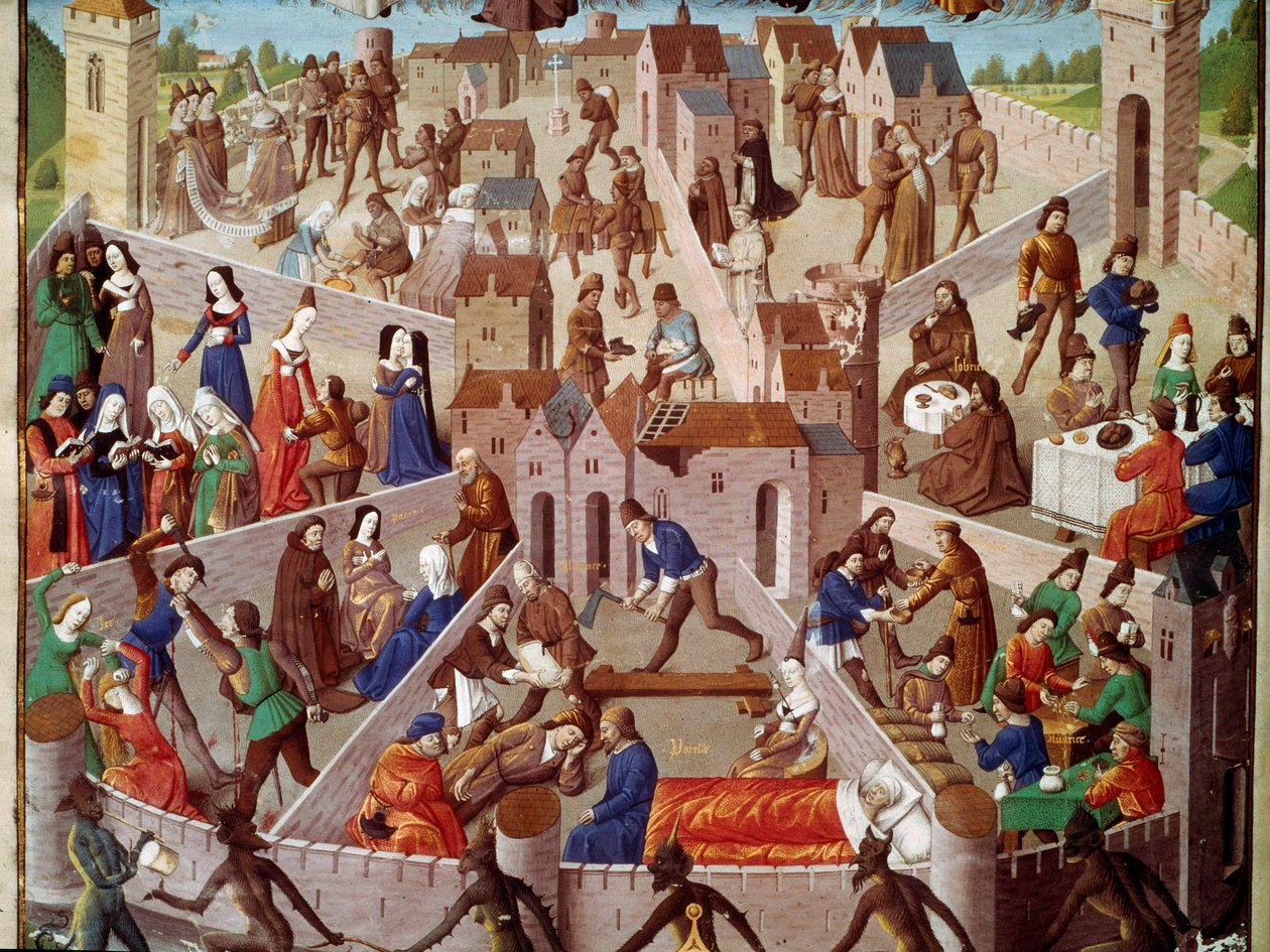 Representación alegórica de la ciudad terrenal, el pecado humano, orgullo, ira, lujuria, envidia, pereza, exceso y sus virtudes opuestas, piedad, sobriedad... Miniatura del manuscrito ms. 8346, fr. 18, fol. 3 de Unknown artist