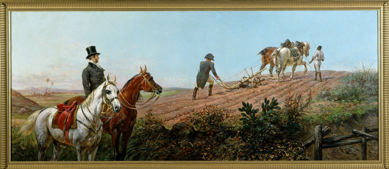 Alegoría que representa a Napoleón arando bajo la supervisión de su sirviente negro en Santa Elena, óleo sobre lienzo de Olivier Pichat (1825-1912) de Unknown artist