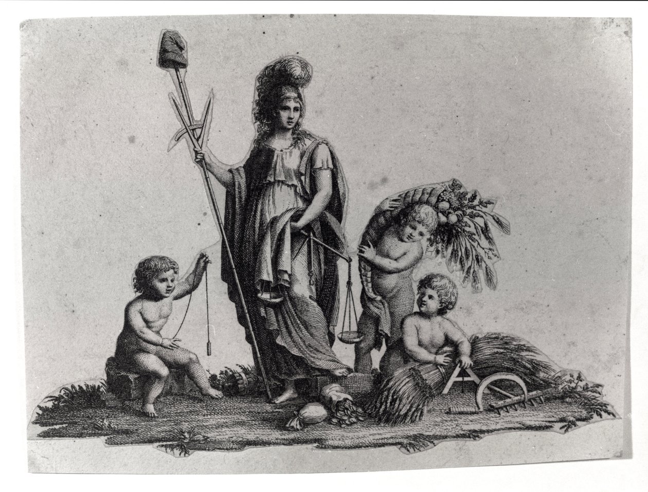 Alegoría de la República Cisalpina (Cisalpina) creada por Napoleón Bonaparte el 27/06/1797 en el modelo francés en Italia, que se convirtió en la República Italiana en 1802. Los símbolos de la República Francesa están representados. Grabado Museo del Risor de Unknown artist