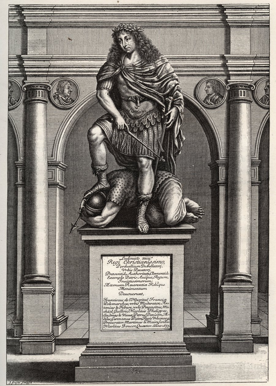 Alegoría que representa al Rey Luis XIV (1638-1715) aplastando a sus enemigos. Grabado por J. Frosne de 1653. Colección privada de Unknown artist