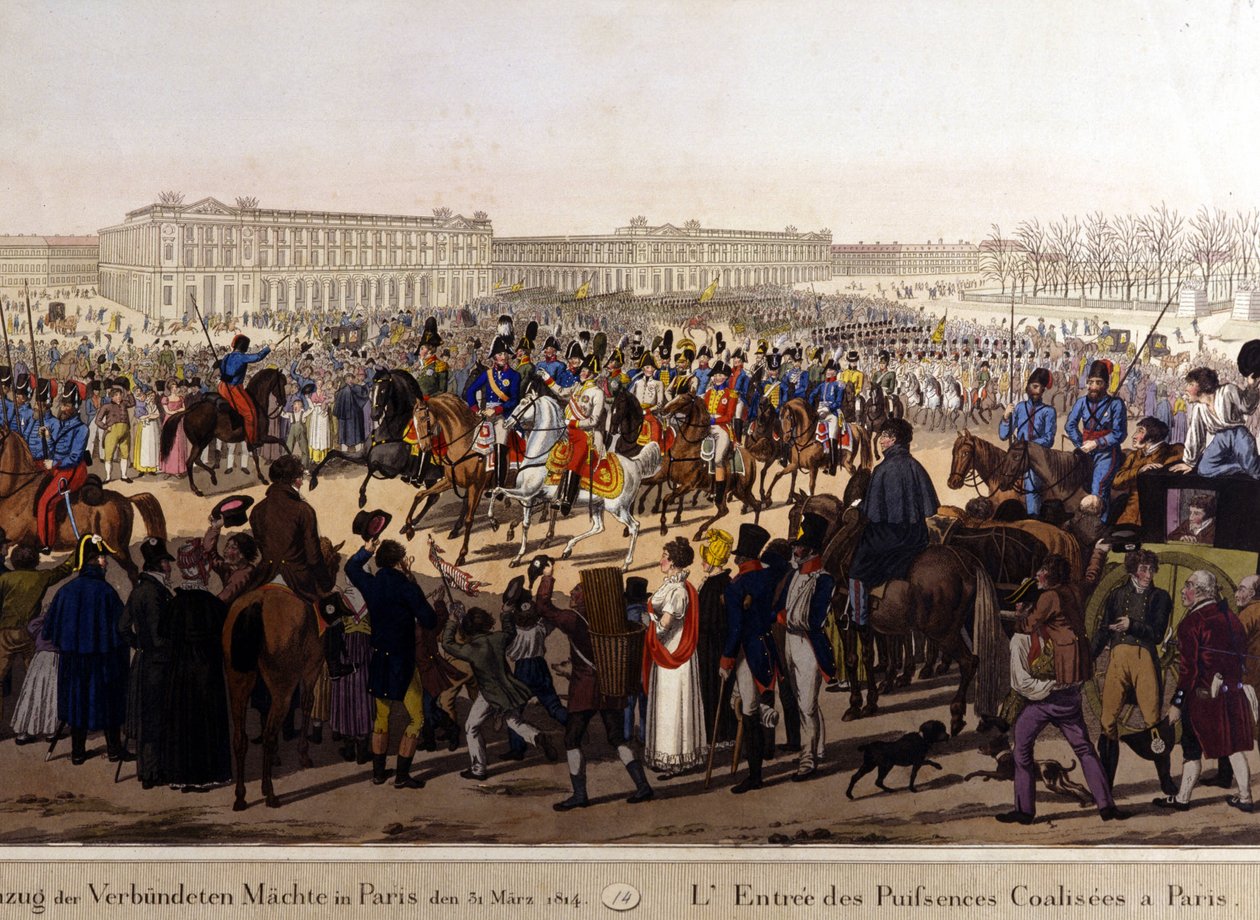 Los aliados entraron en París el 31 de marzo de 1814 (Rusia Alejandro I, el emperador austriaco Francisco José I y el rey prusiano Federico Guillermo III) de Unknown artist