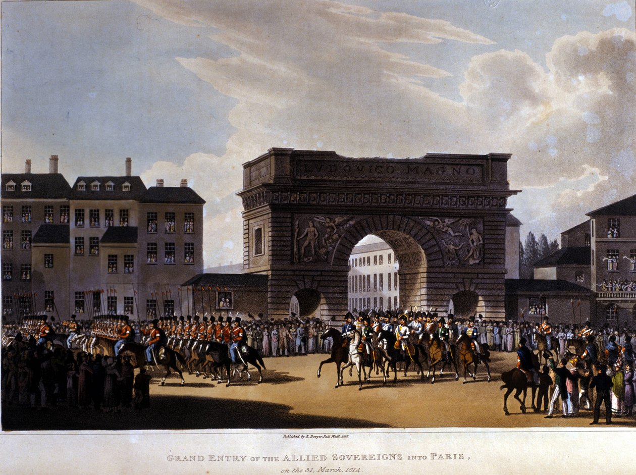 Los aliados entraron en París el 31 de marzo de 1814 (Rusia Alejandro I, el Emperador austríaco Francisco I y el Rey prusiano Federico Guillermo III). Grabado de 1826 de Unknown artist