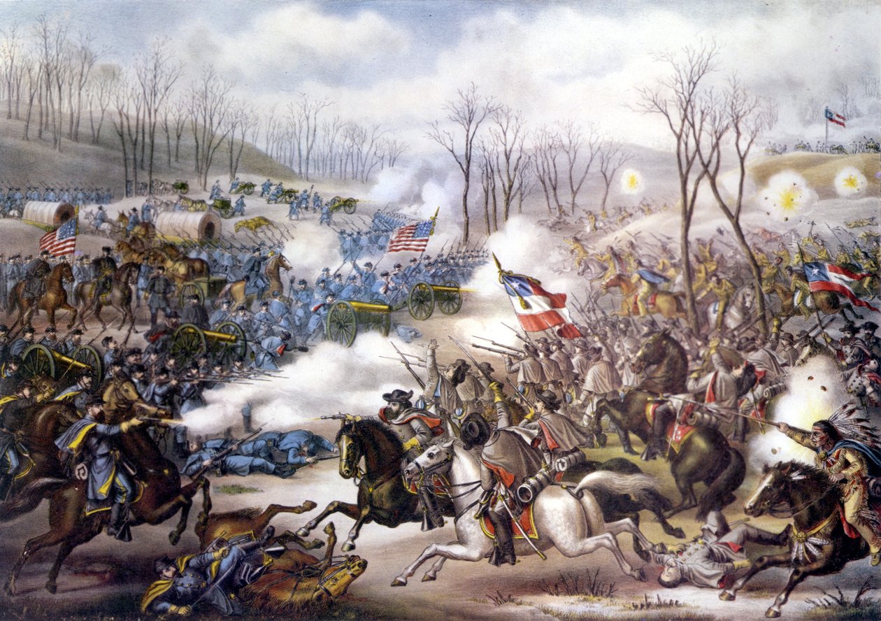 Guerra Civil Americana (1861 - 1865): Batalla de Pea Ridge o Elkhorn Tavern (Arkansas) 06 - 08 de marzo de 1862. Grabado del siglo XIX de Unknown artist