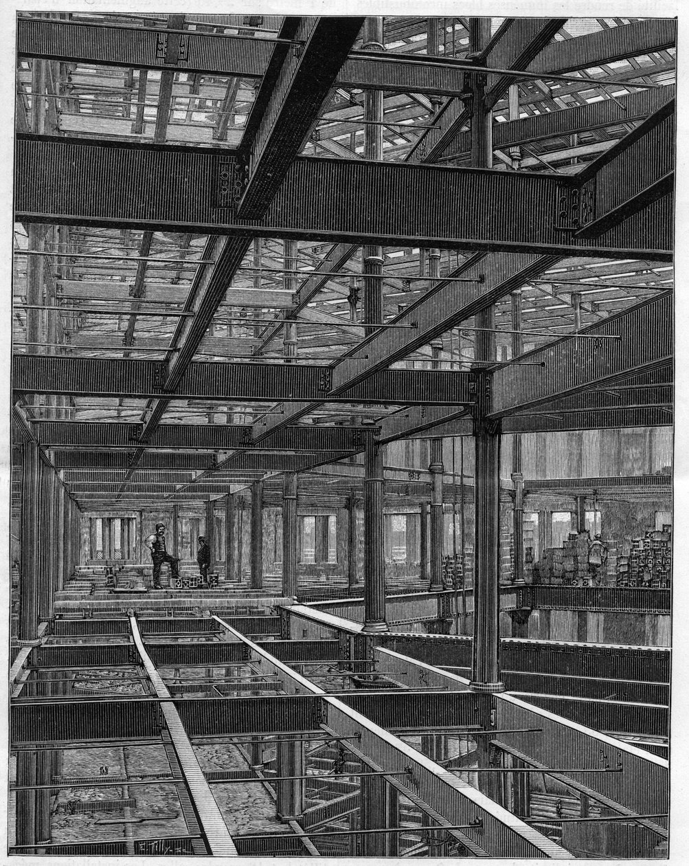 Construcciones de armazón de hierro americanas - el armazón del Palace Hotel en Denver Colorado - grabado en “Nature” de 1892. de Unknown artist