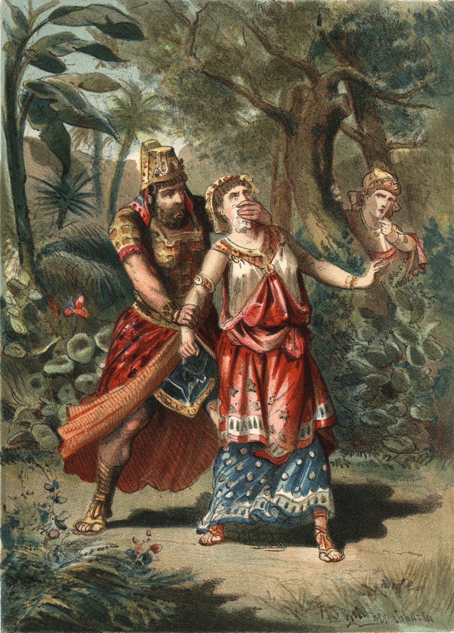 Amestris, esposa de Jerjes, rey de los persas, es secuestrada por un sirviente de Artaynte. En “El Culto de la Hermosura” de Juan Justo Huguet, Molinas Hermanos editores. de Unknown artist