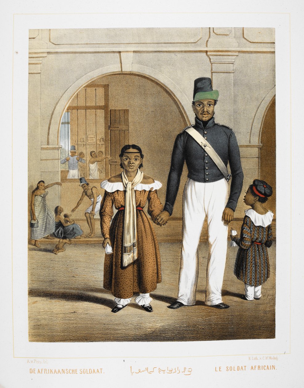 Un soldado africano con su familia. Habitantes de Indonesia. de Unknown artist