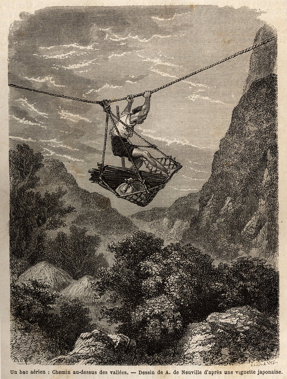 Un transbordador aéreo, camino sobre los valles, una especie de cesta colgante suspendida de una cuerda, para el transporte de hombres y materiales, su desplazamiento se realiza por la fuerza de los brazos, tirando de la cuerda de suspensión. Grabado para  de Unknown artist