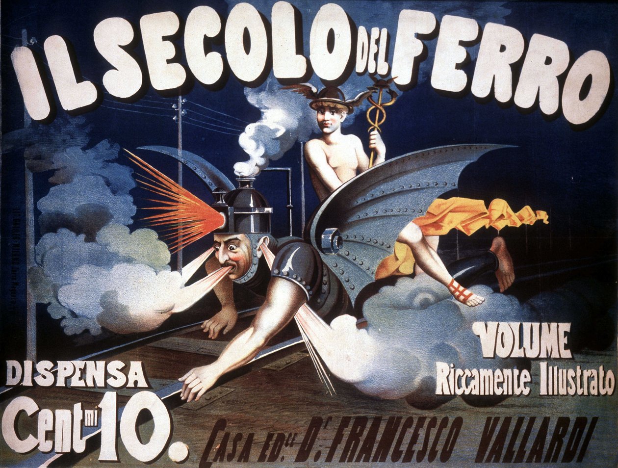 Representación alegórica de una máquina mitad tren, mitad dragón con rostro humano simbolizando el progreso. 
