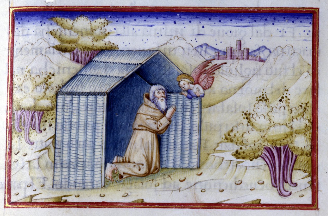 Un ángel visita a un ermitaño. Manuscrito del siglo XV. Bibl. Nazionale Braidense de Unknown artist