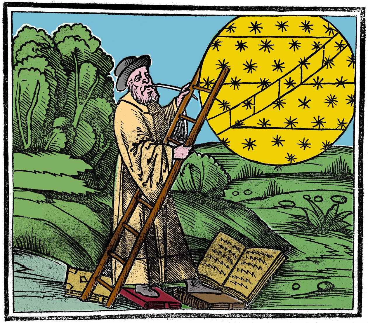 Un astrónomo poniendo una escalera para subir al cielo. de Unknown artist