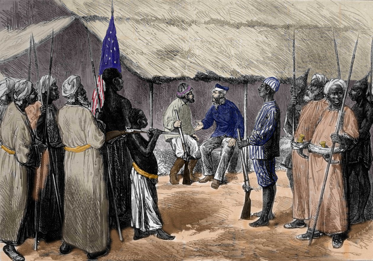 Un encuentro entre David Livingstone (1813-1873), misionero y explorador inglés de África, y Henry Morton Stanley, periodista galés, explorador de África (1841-1904) en un pueblo de África Central. de Unknown artist