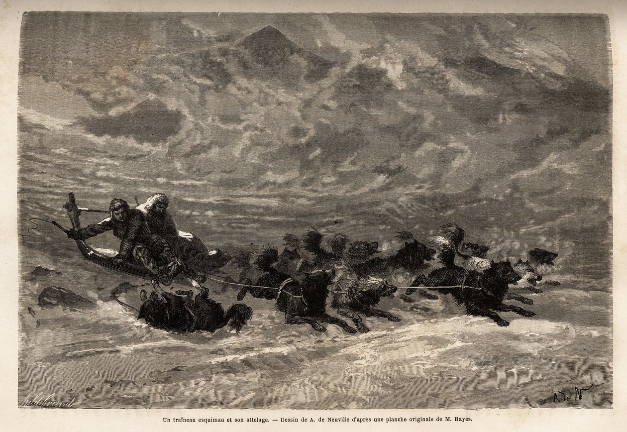 Un trineo esquimal y su equipo de perros, la forma más rápida y confiable de viajar en el Ártico. Grabado para ilustrar el viaje al mar libre del polo Ártico, por el Doctor Hayes, cirujano de la Marina de los Estados Unidos, en 1860-1862, publicado en 