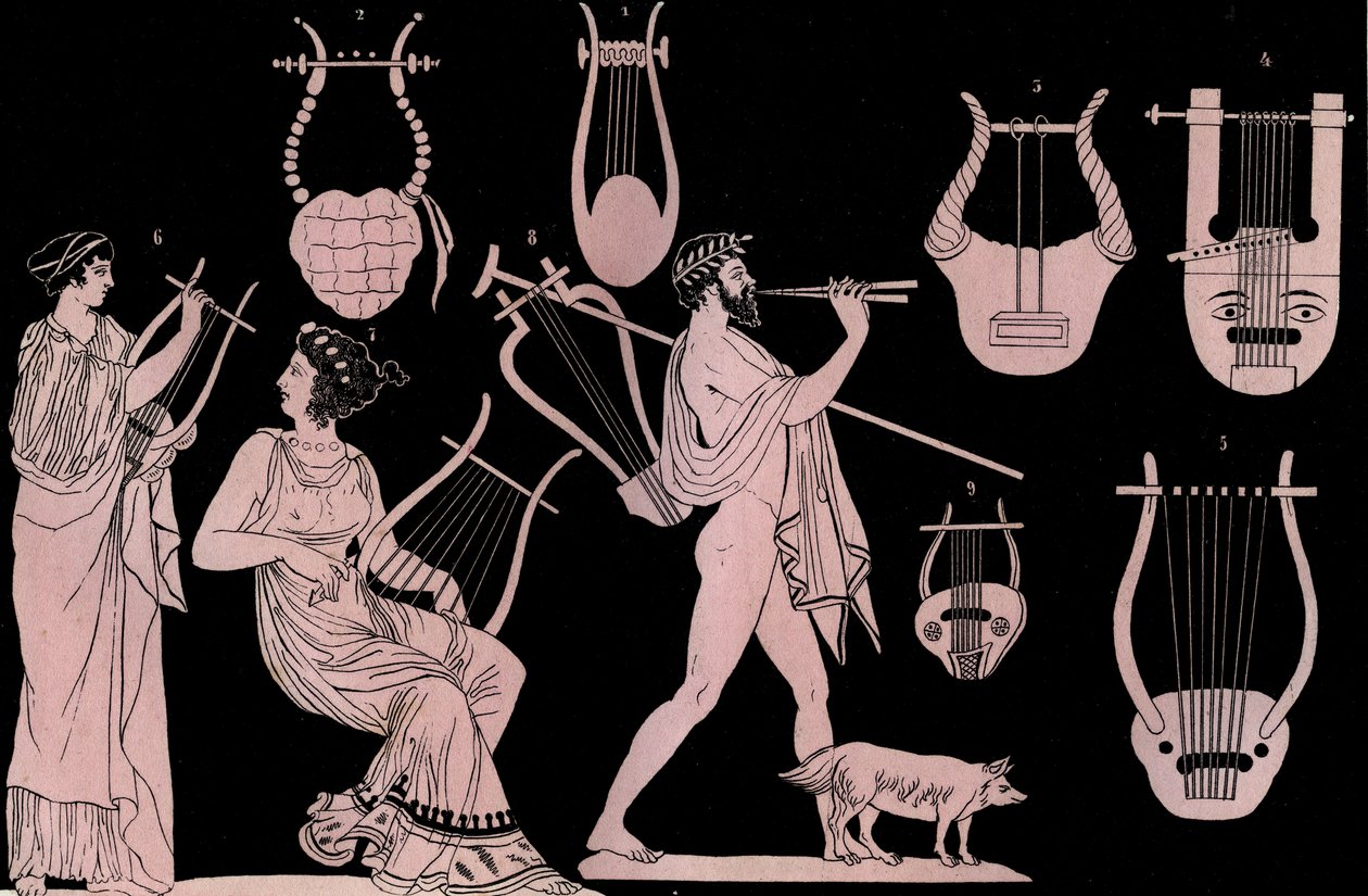 Instrumento musical griego antiguo: Lira y Cítara - grabado de “Usi e Costumi di Tutti i Popoli dell