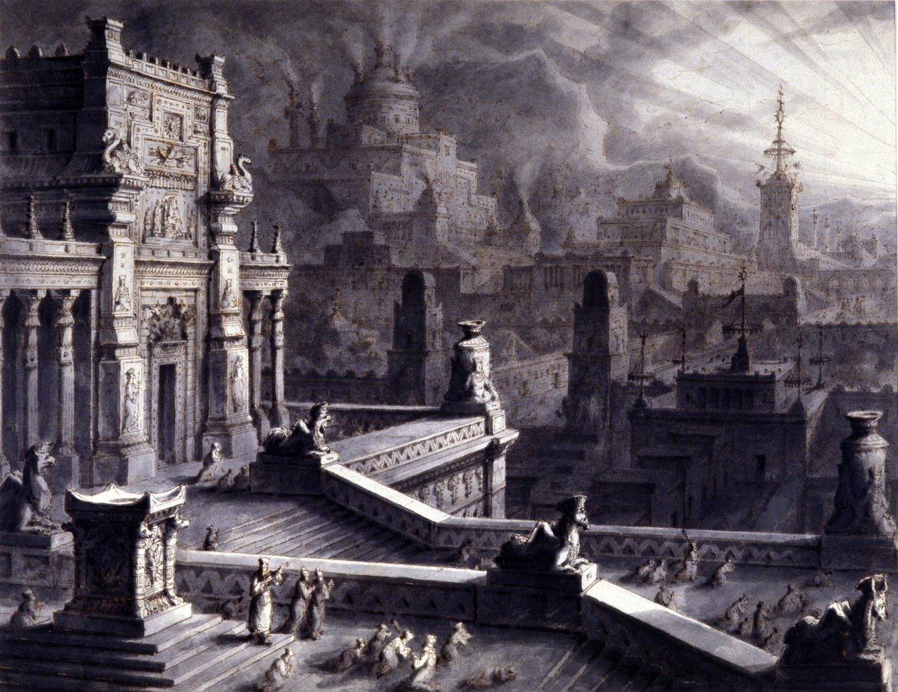 Antigua ciudad de Persépolis en el Imperio Persa Aqueménida, fundada por Darío I en el siglo VI a.C. Fue saqueada e incendiada por Alejandro Magno en 331 a.C. Ilustración del siglo XIX. de Unknown artist