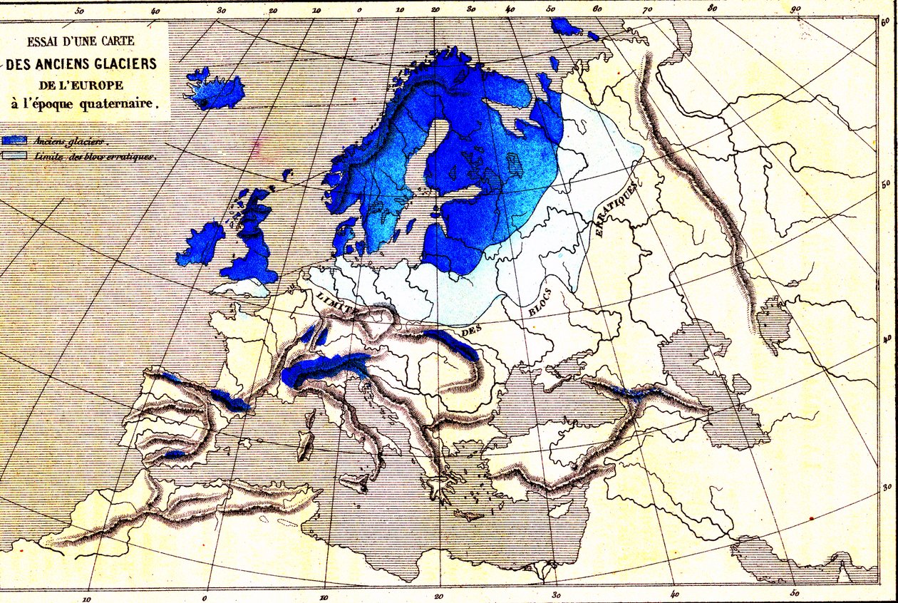 Antiguos glaciares de Europa, zona del Cuaternario (grabado de Unknown Artist