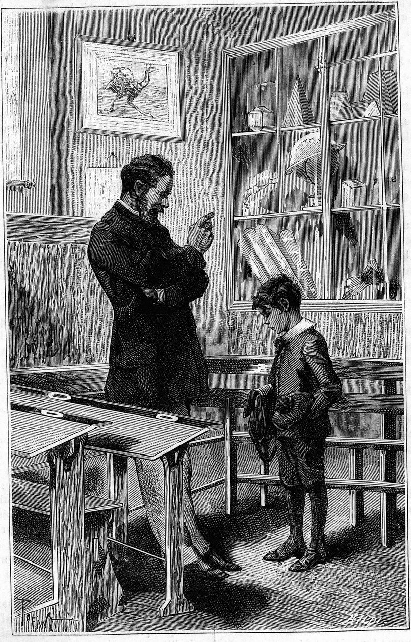 André Gaudry reprendido por su maestro. Grabado en "Le journal de la jeunesse" de Unknown artist