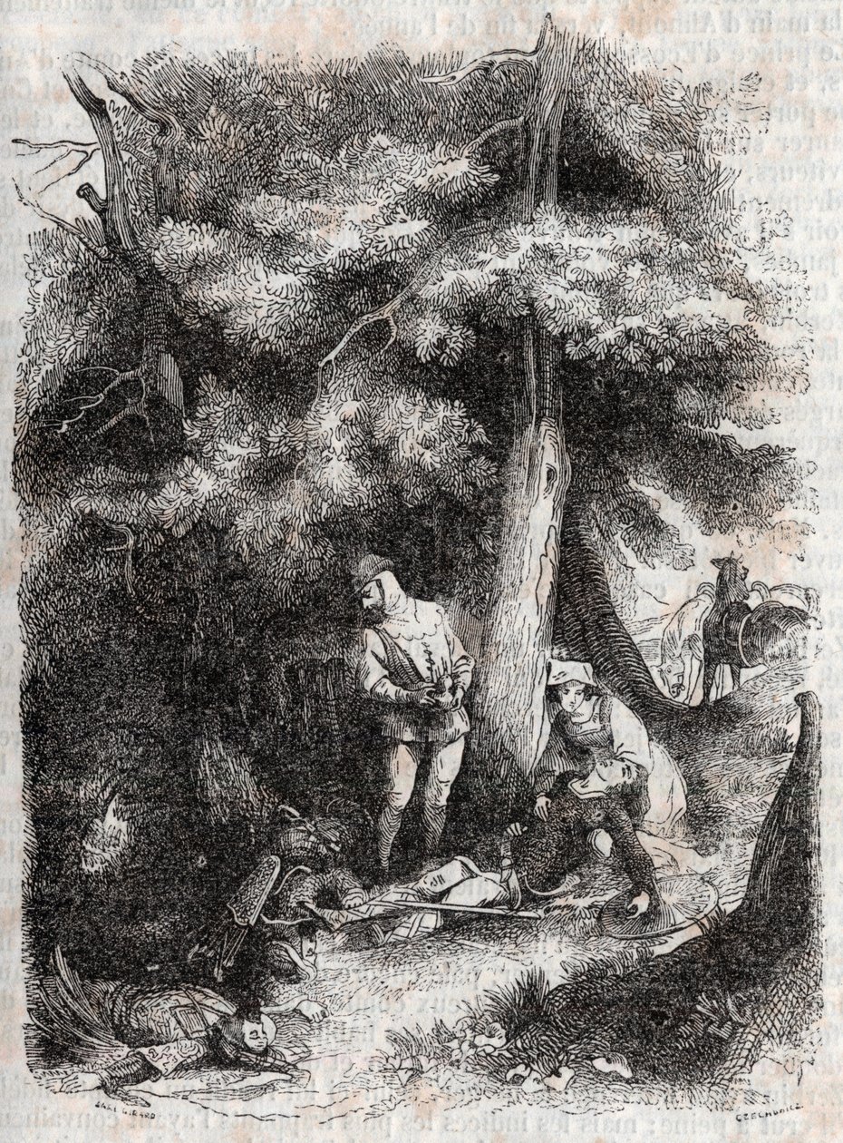 Angelique rescata a Medor - grabado de 1851 de “Furious Roland” (Orlando furioso) (siglo XVI) por Ludovico Ariosto, conocido como el Ariosta - Edición traducida del italiano por el Conde de Tressan y publicada por Gustave Harvard de Unknown artist