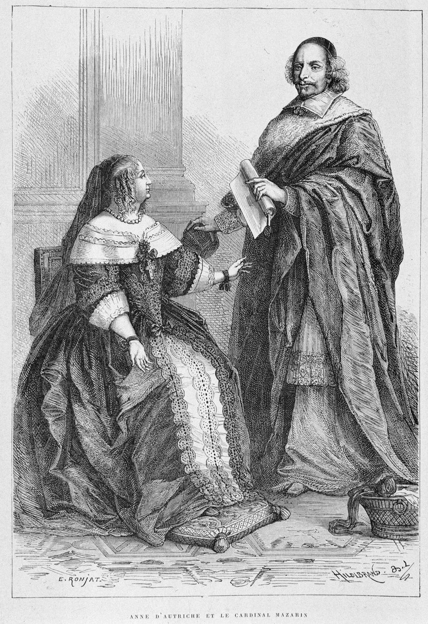 Ana de Austria y el Cardenal Jules Mazarin (Giulio Raimondo Mazzarino o Mazarino) (1602-1661) - Grabado, en Histoire de France desde los tiempos más remotos hasta 1789 por M. Guizot de Unknown artist