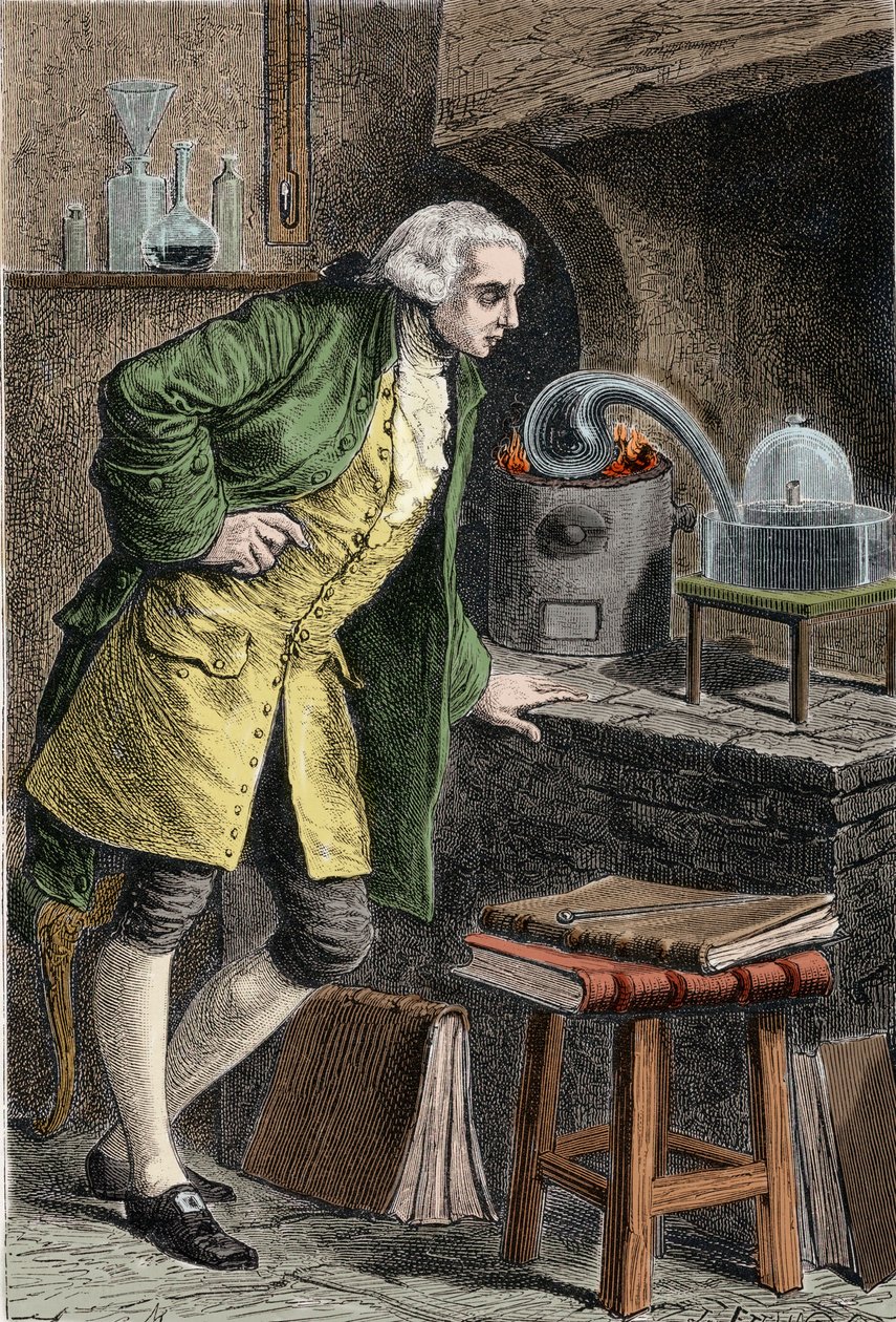 Antoine Laurent Lavoisier (1743-1894) químico francés, investigando la existencia de oxígeno en el aire: experimento en el que obtuvo óxido mercúrico - Lavoisier en su laboratorio. Grabado del siglo XIX. de Unknown artist