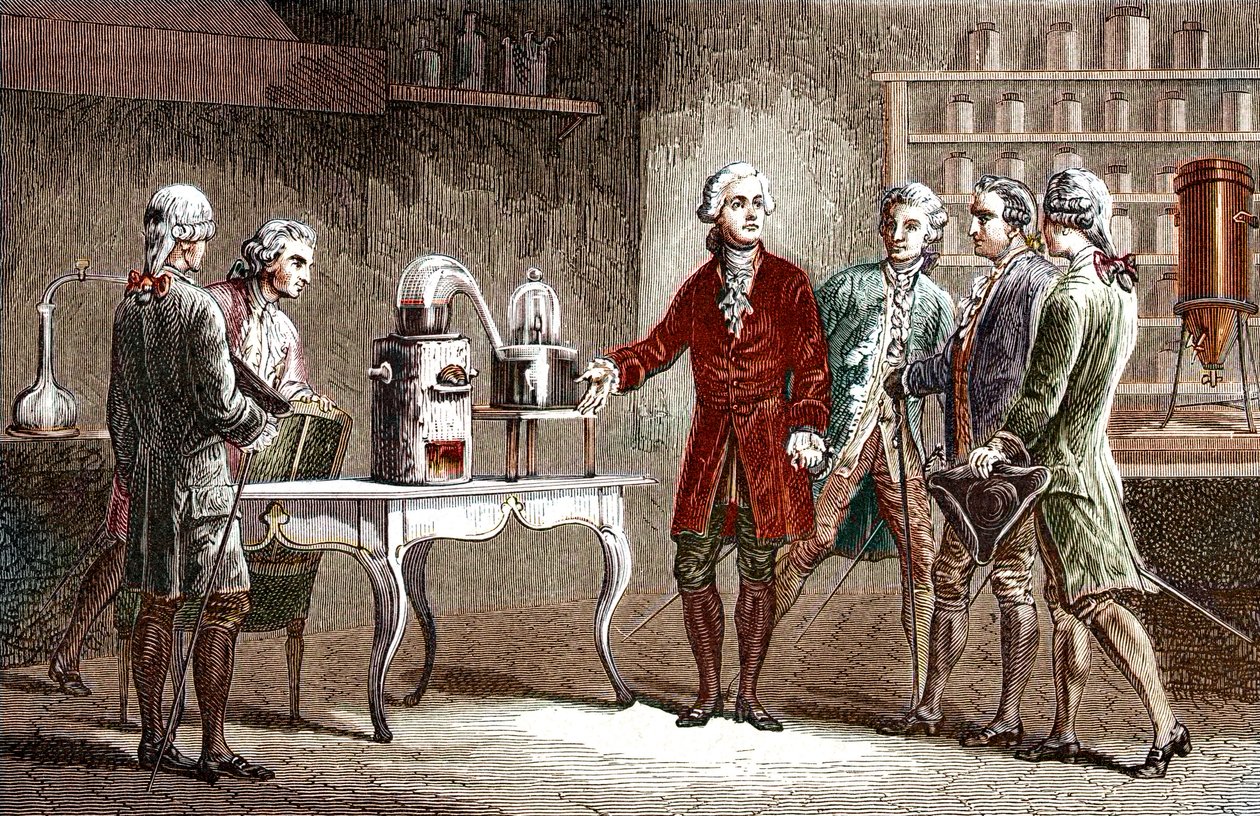 Antoine Laurent Lavoisier (1743-1794) ejecuta la descomposición del aire en  1776 - Antoine Laurent Lavoisier químico francés, mostrando a sus colegas  ...
