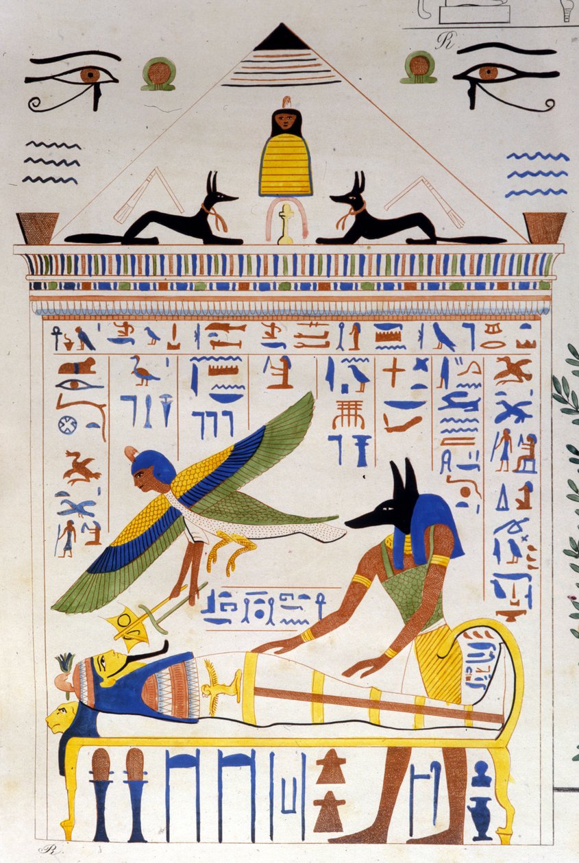 Anubis cuida de la momia mientras el alma del difunto vuela para la transmigración - en "Monumentos de Egipto y Nubia Superior" de Ippolito Rosellini de Unknown artist