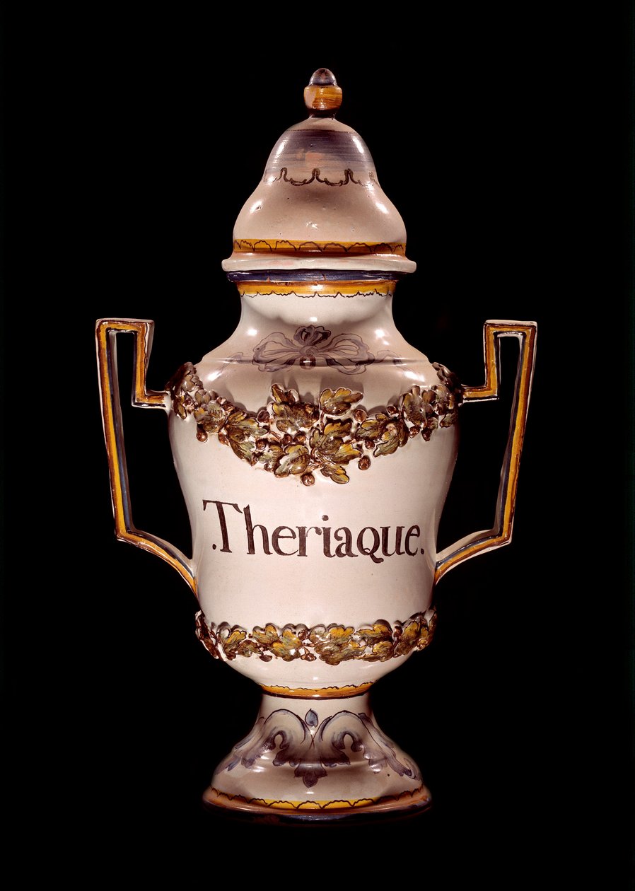 Tarro de boticario que contiene triaca, un antiguo remedio que debe su nombre a combatir los efectos de las picaduras de escarabajos salvajes. Siglo XVII Macon, Hotel Dieu de Unknown artist