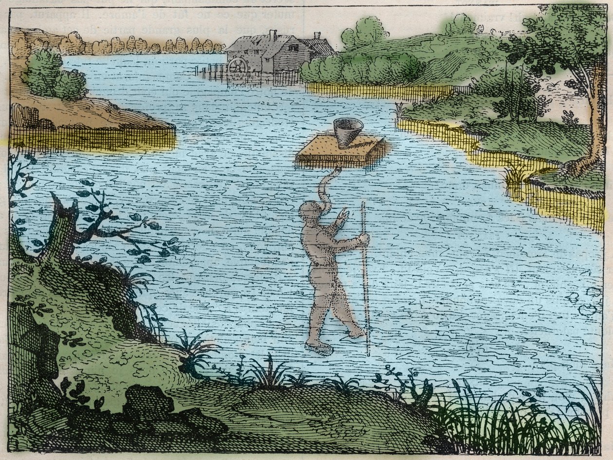 Aparato para permitir al buzo respirar bajo el agua - Método utilizado por los ancianos para cruzar los ríos - grabado en “Utriusque cosmi maioris scilicet et minoris metaphysica, physica atque technica Historia” de Unknown artist