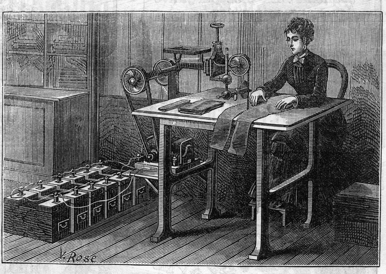 Aplicación de baterías Faure: máquina de cortar tela operada por el acumulador. Grabado en "Le Monde Illustré" de Unknown artist