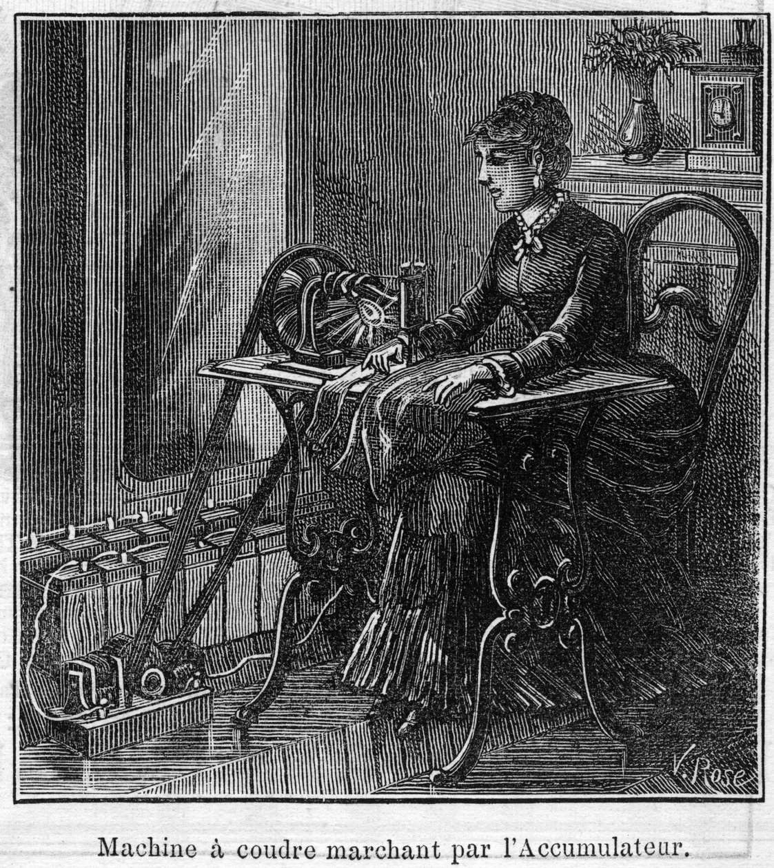 Aplicación de baterías Faure: máquina de coser eléctrica funcionando con el acumulador. Grabado en "Le Monde Illustré" de Unknown artist